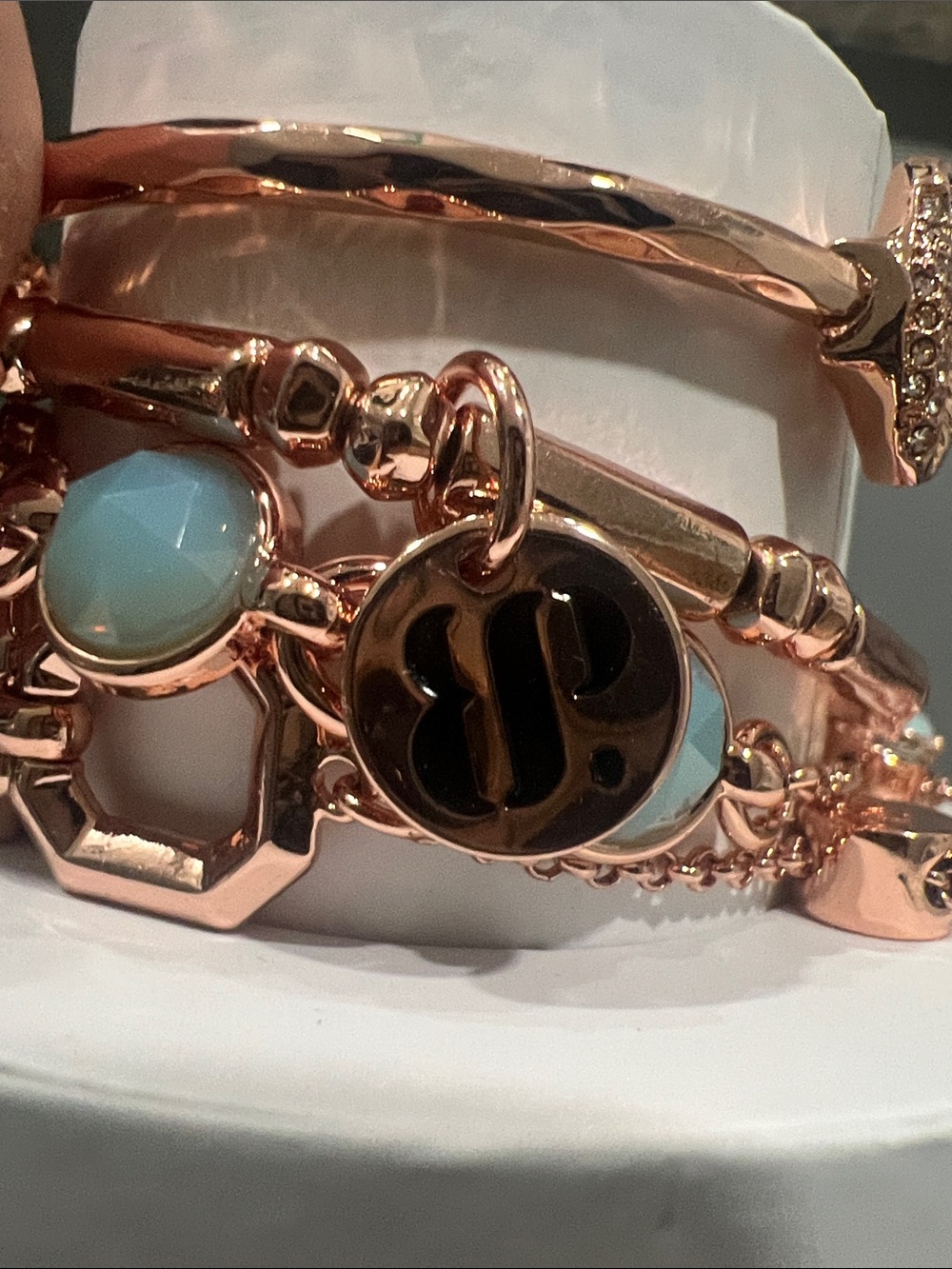 Rose Gold Stack Bracelet Set with Mint Green Stones - Picture 4 of 7